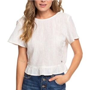 NWT Roxy Ghost Away Peplum White Cropped Blouse with Ruffle Hem Tie Back size M